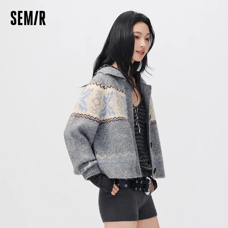 Semir Women Knit Cardigan Geometric Jacquard Loose Fit Raglan Sleeve Vintage Style 2026 New Winter Daily Wear Everyday Wardrobe