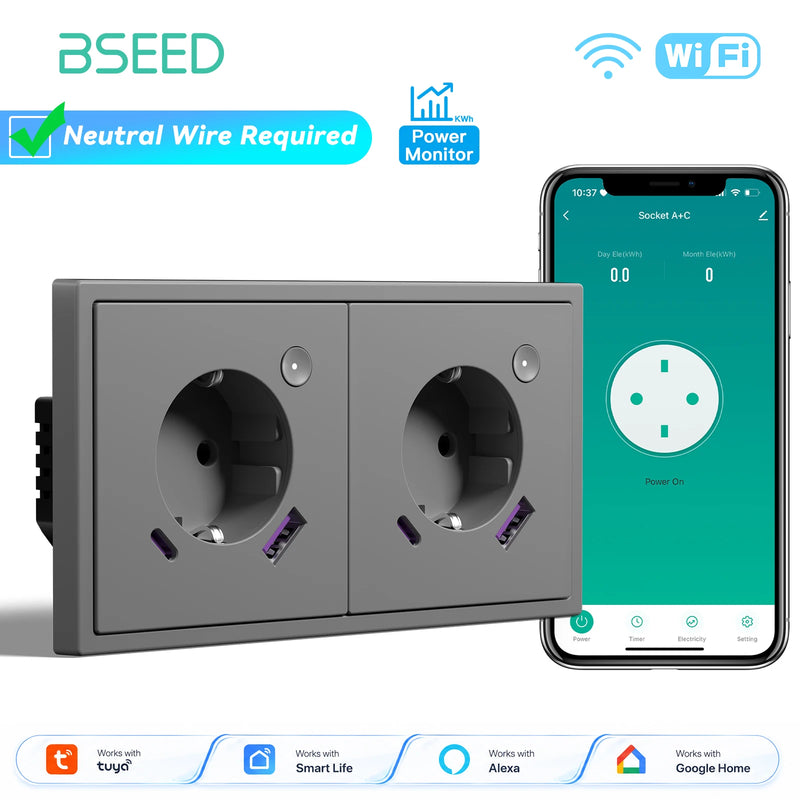 BSEED E Series WIFI Wall Socket Smart Power Monitor Socket 20W USB Type-C Charge Port Plastic Frame Tuya Smart Life Control