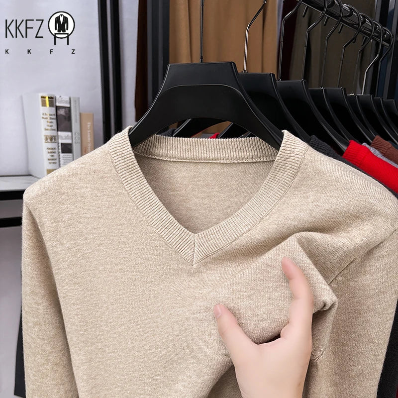 Classic V Neck Knitted Top Men Long Sleeve Smooth Knit Rib Trim Suitable For Layering Everyday Casual Look