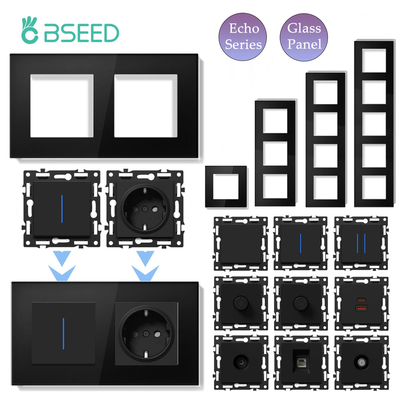 BSEED Wall Button Switch 1/2Gang Part 65W Wall Socket Module Part Internet TV Telephone Socket Glass Frame DIY Function Part