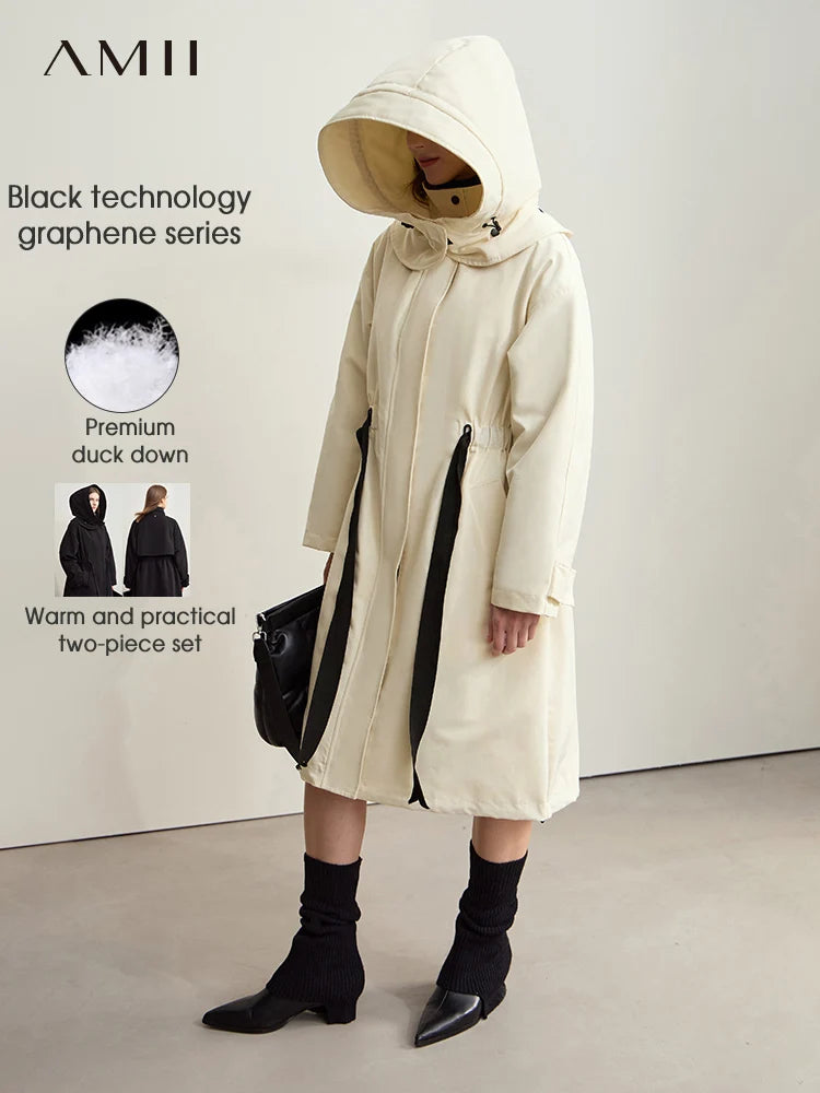 AMII Minimalism Down Jacket for Woman Spliced Detachable Cap Drawstring Belt 2026 Winter Long Casual Warm Overcoat 12444037