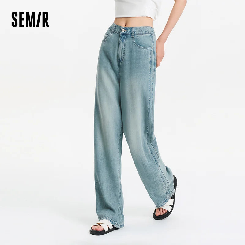 Semir Women Pants Denim Half Elastic Waist Slit Floor Length Comfort Slim Fit Cool Wide Leg 2026 Summer Casual Fashion Top