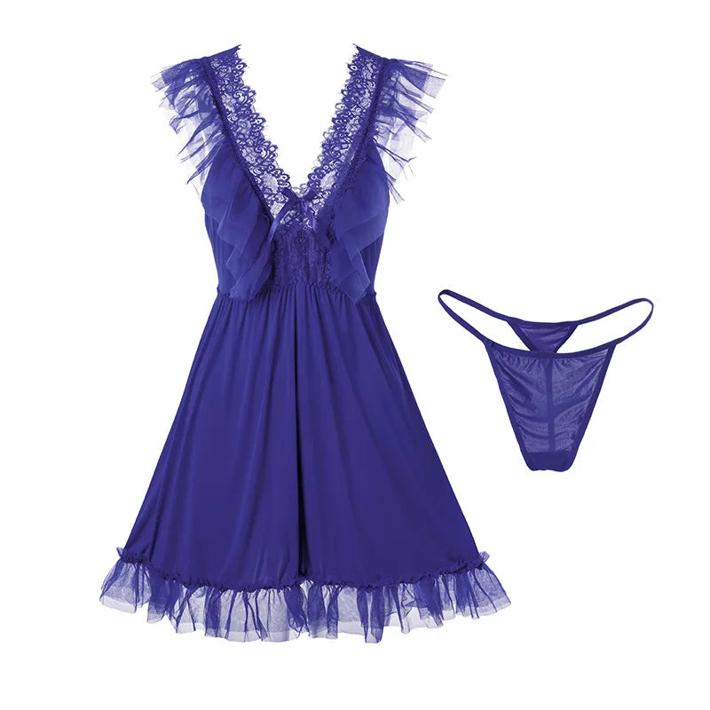 Sexy Night Wears For Women Sleeveless Short Dress V Neck Mesh Lace Nightgowns Female Lingerie Thin Sleepwear Nightshirt