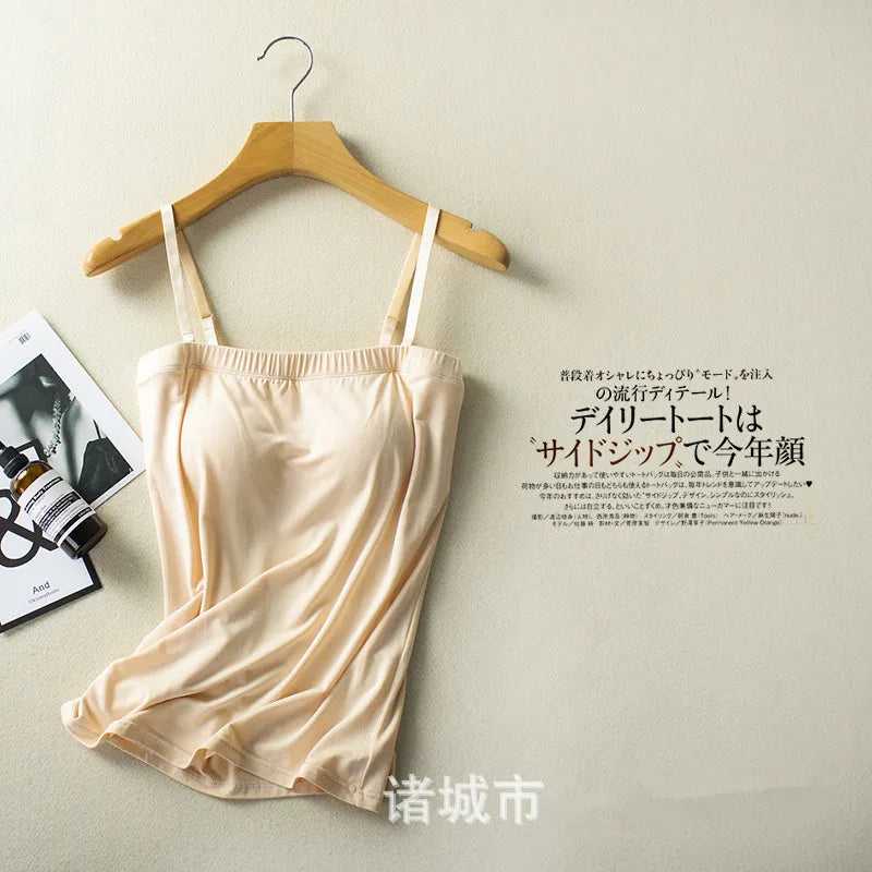 ខោទ្រនាប់ស្ត្រីសិចស៊ី Push Up Sleepwear Top One Piece Pajamas Women Modal Chest Pad Nightwear Sling Vest Bottoming T-Shirt