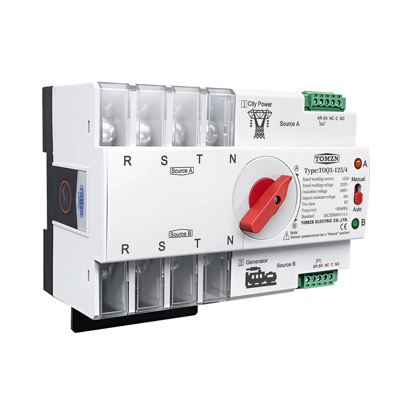 TOMZN 3Phase Din Rail ATS Dual Power Automatic Transfer Switch Electrical Selector Switches Uninterrupted Power 4P 63A 100A 125A