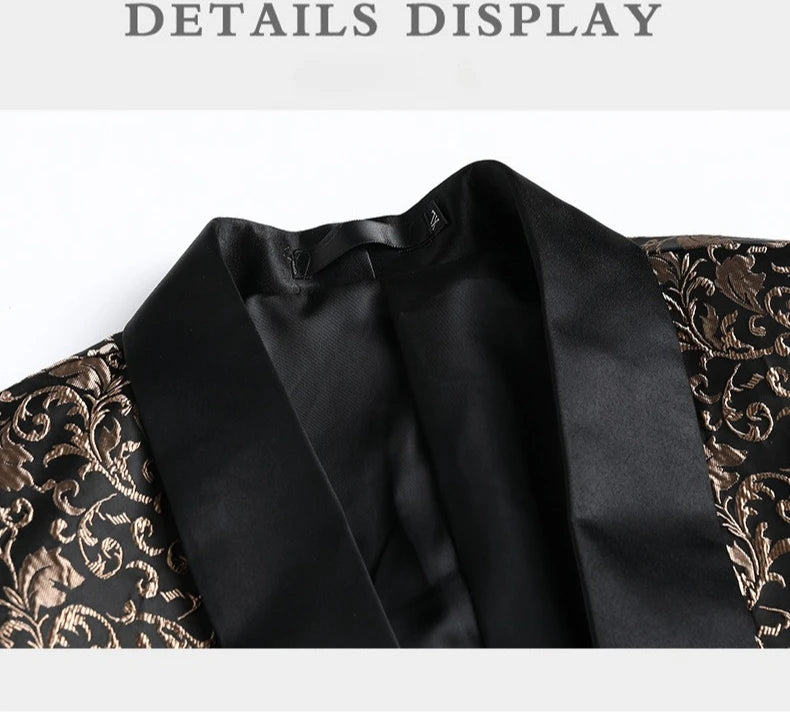 2027 New Men's Two-Piece Suit Set: Jacquard Jacket Paired with Black Pants, Perfect for Weddings, Parties, Stage Performances.