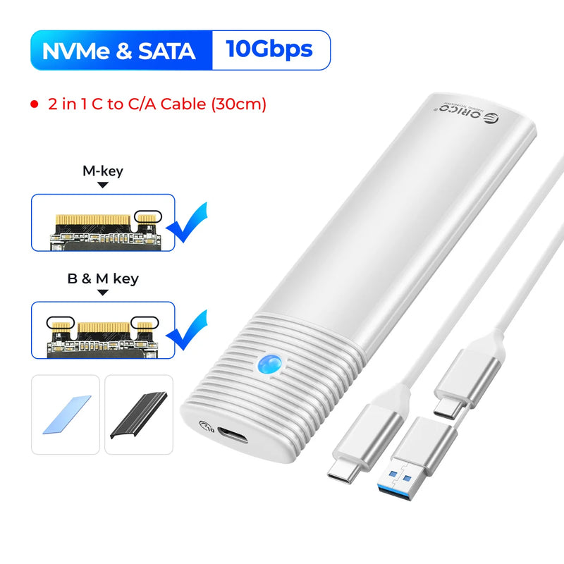 ORICO M2 SSD Enclosure NVMe NGFF 10Gbps PCIe M.2 SSD Case Portable USB C 3.2Gen2 Tool Free External Adapter with Metal Heat Sink