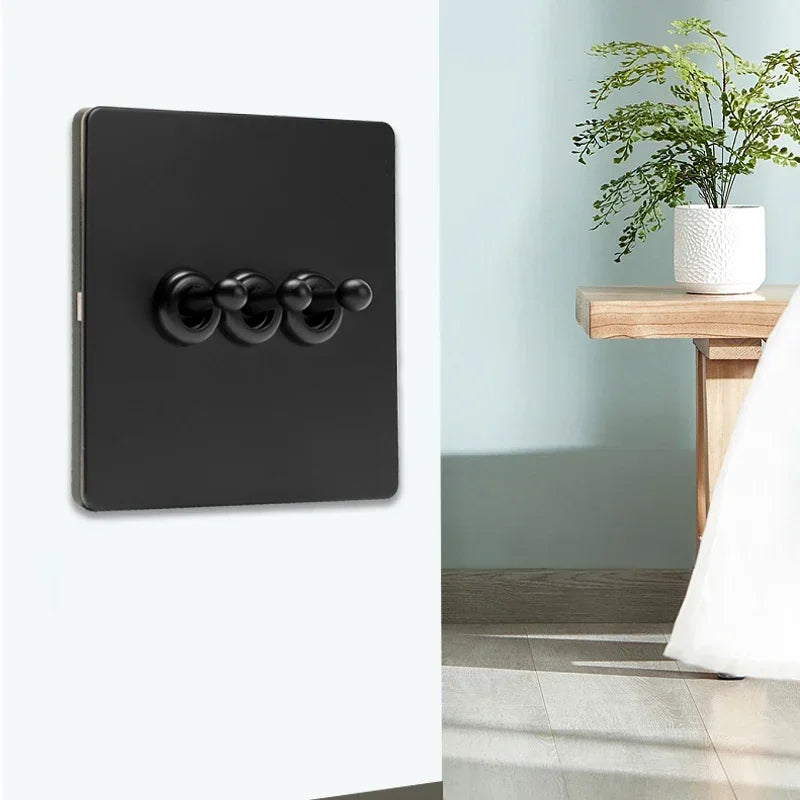 Retro Light Switch Lever Wall Power ON OFF Socket Panel,EU RU FR Black Stainless Steel Dual Usb Outlet  1-4Gang 1/2Way Switch
