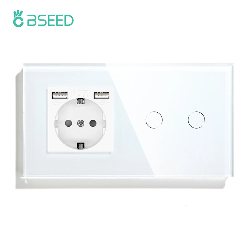 BSEED Wall Electrical Socket With 1/2/3Gang 1Way Touch Light Switch USB Type-c Charge Power Outlet Glass Panel White Wall Switch