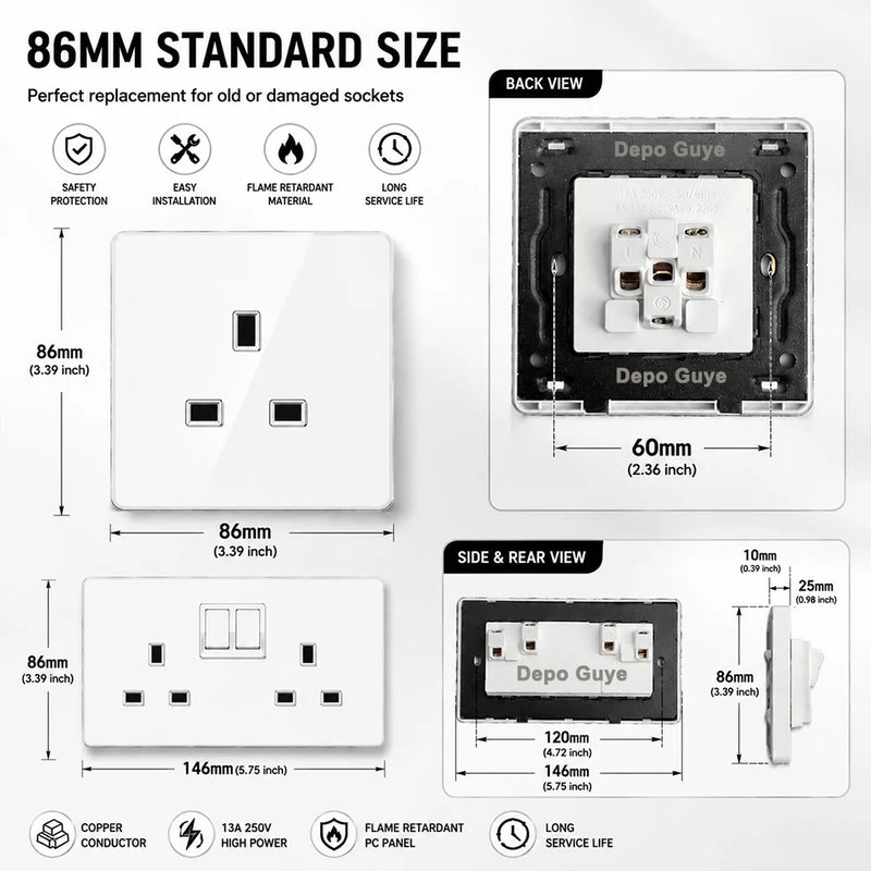 White Tempered Glass 2Way Wall Light Switch, UK Wall 18W Type-C Fast Charging USB Socket, Universal Electrical Outlet Plug 220V