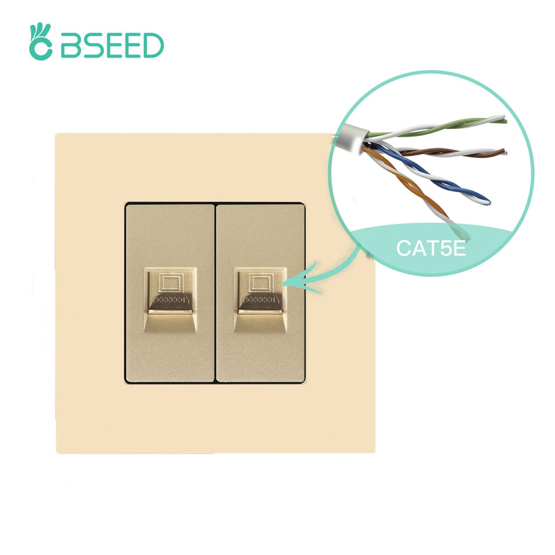 BSEED EU Standard Double Internet Socket RJ45 Network Data Socket CAT6 Wall Computer Outlet Plastic Frame White Black Color