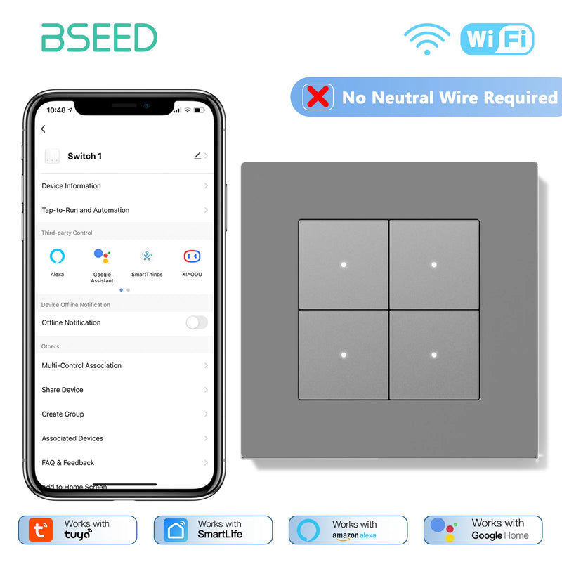 BSEED E Series WIFI Light Switch 1/2/3/4Gang Smart Click Button Switch Plastic Frame LED Indicator Tuya Smart Life No Neutral