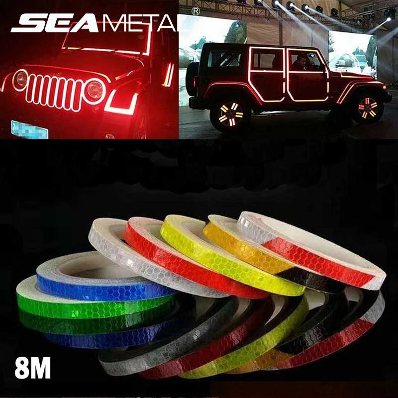 SEAMETAL 1cm*8m Car Stickers Reflective Tape Fluorescent Car Styling Decals Safety Warning Strips for Car Motorcycle MTB Bike