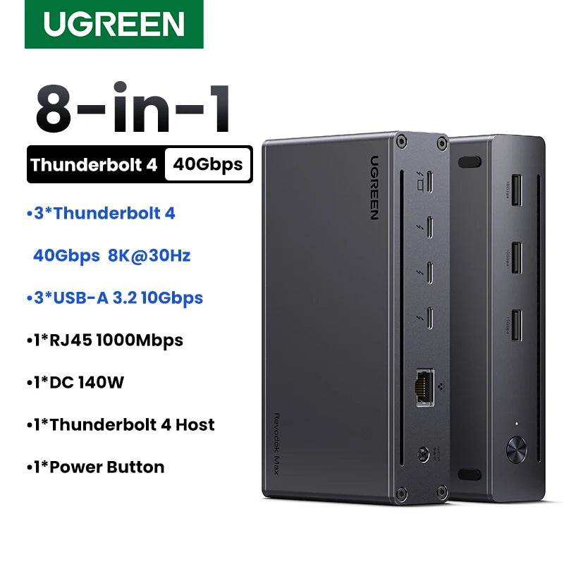 UGREEN Thunderbolt4 USB HUB 8-in-1 Docking Station 40Gbps with 3xThunderbolt 4 4K60Hz 8K30Hz 1000Mbps 10Gbps for MacBook Laptop