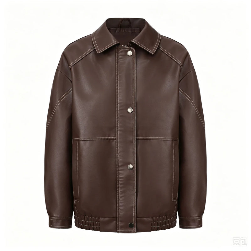 Women's Black Faux Leather Jacket for Fall, Brown Biker Coat for Spring, and Stylish, Casual PU Tops.