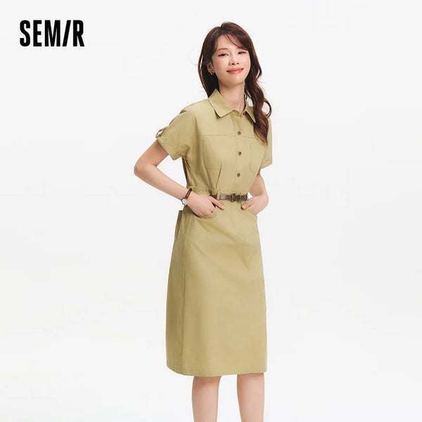 អាវរ៉ូបស្ត្រី Semir កអាវកប្បាសរន្ធខ្សែក្រវាត់មីឌីស្លីមវីនថេចសម្លៀកបំពាក់ទីក្រុងសម្រាប់ធ្វើការរដូវក្តៅឆ្នាំ ២០២៦ អាវការិយាល័យទាន់សម័យ
