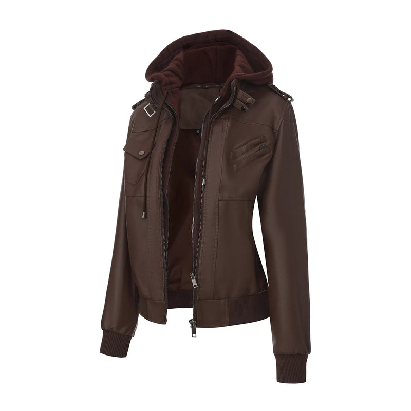 2027 New Women's Long-Sleeve Hooded Faux Leather Jacket—a Lightweight, Slim-fit PU Biker Coat for Spring/Fall.Black,Brown,Khaki.
