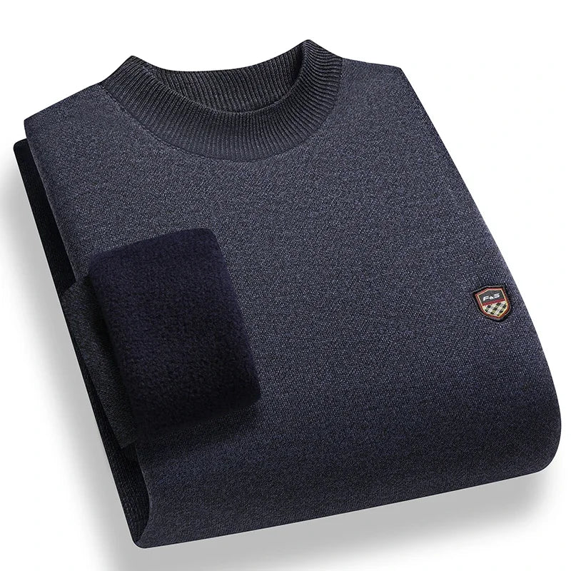 Windproof Men Plain Knitted Sweater Stretch Rib Trim Small Shield Badge Fleece Lined Office Casual Long Sleeve Top