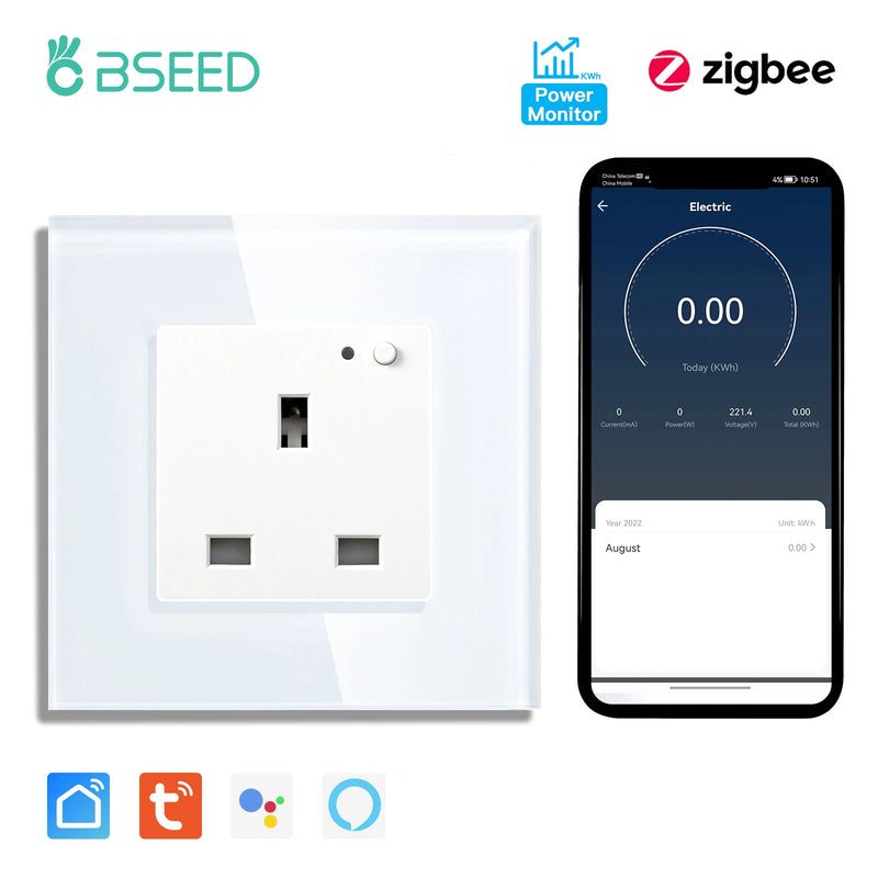 BSEED UK Standard Zigbee Power Monitor Socket Smart Double Electric Power Outlets Tuya Smart Iife Google Home Control 13A