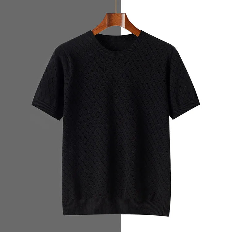 Men's 100% Cotton Short Sleeve T-Shirt with Diamond Knit Texture – Breathable Crew Neck Casual Top