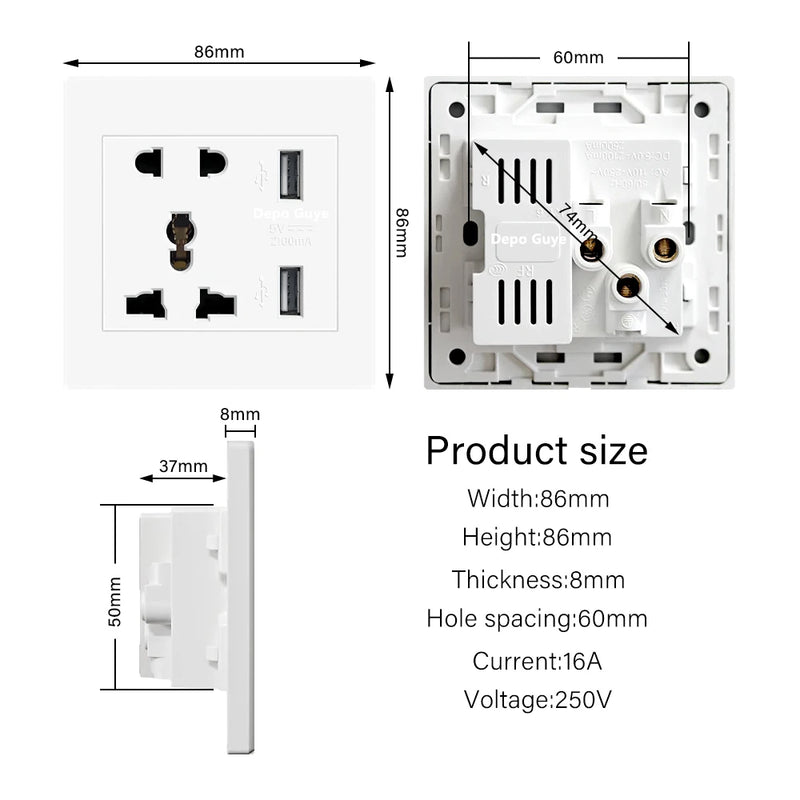DepoGuye AC 110-250V UK Standard Socket Panel, 5V 2.1A Dual USB Mobile Phone Charger International Universal Power Outlet 86mm
