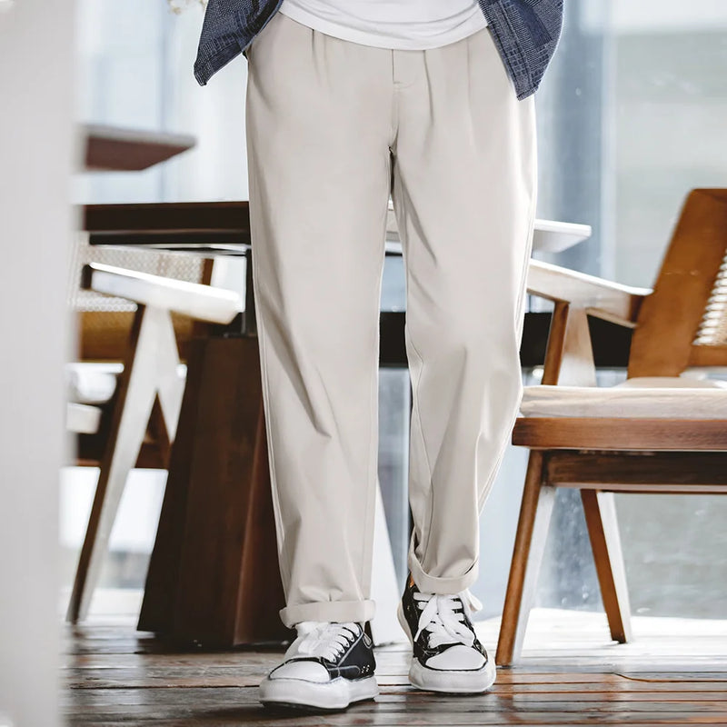 Maden Vintage Gentleman Naples Pants Korea Fashion Casual  Paris Button Straight Wide Trousers 100% Cotton Solid Work Suit Pants