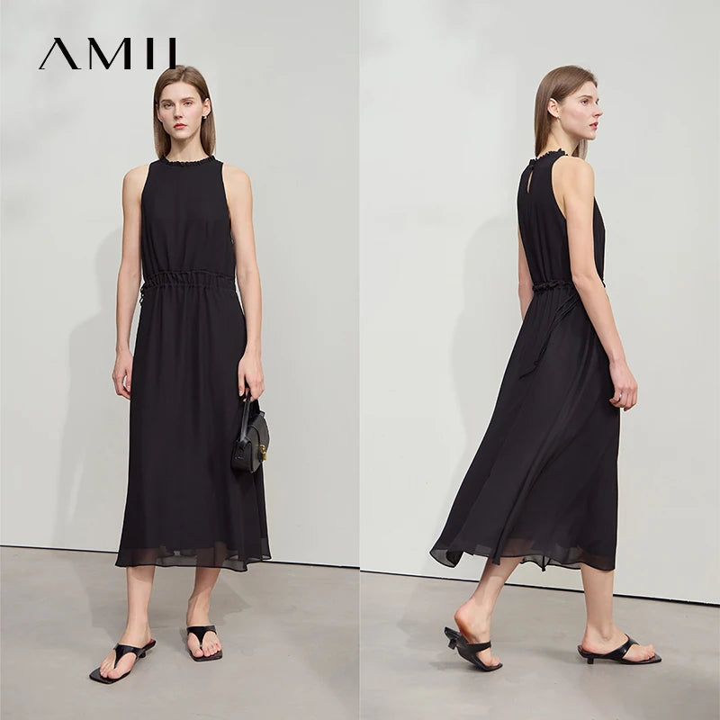 រ៉ូប AMII ស្រាល chiffon ខ្យល់ចេញចូលបាន រដូវក្តៅ ឆ្នាំ២០២៦ វិជ្ជាជីវៈការិយាល័យនារីដៃខ្លី រ៉ូបវែងរលុង ចង្កេះស្ដើង 12552023