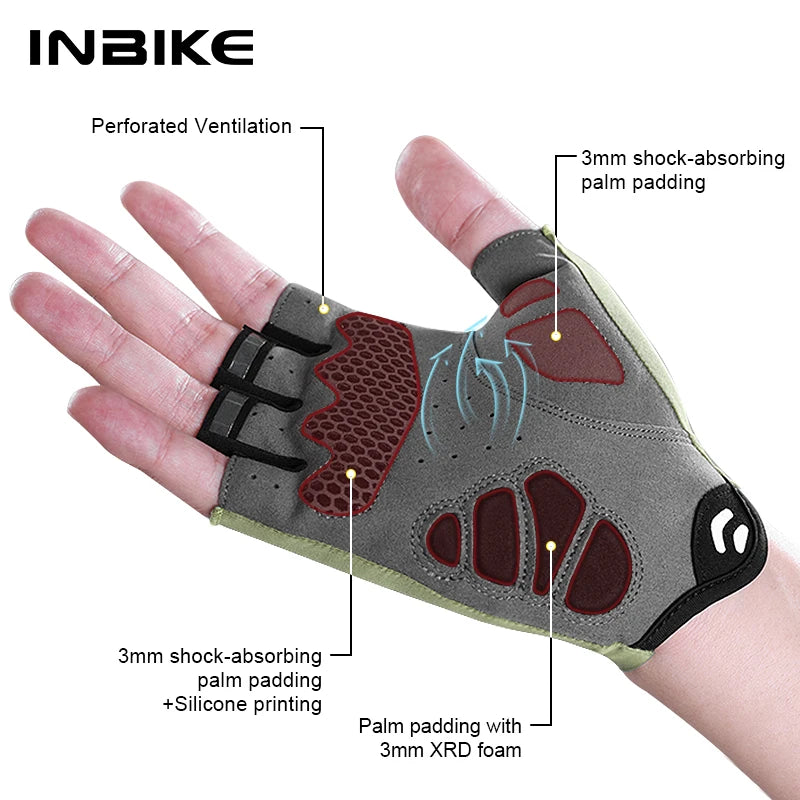 INBIKE New Cycling Gloves Reflective Strips Breathable Mesh MTB Road Biking Gloves Padded Palm for Bike Riding Shock Absorption