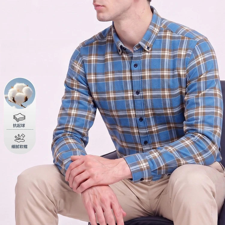 Men's 100% Cotton Brushed Plaid Long Sleeve Shirt – Soft Flannel Casual Button-Down for Outdoor & Daily Wear