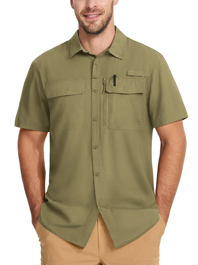 TACVASEN Short Sleeve Fishing Shirts Men's UPF 50+ Sun Protection Cargo Work Shirts Mesh Breathable Quick Dry Hiking Shirts Man