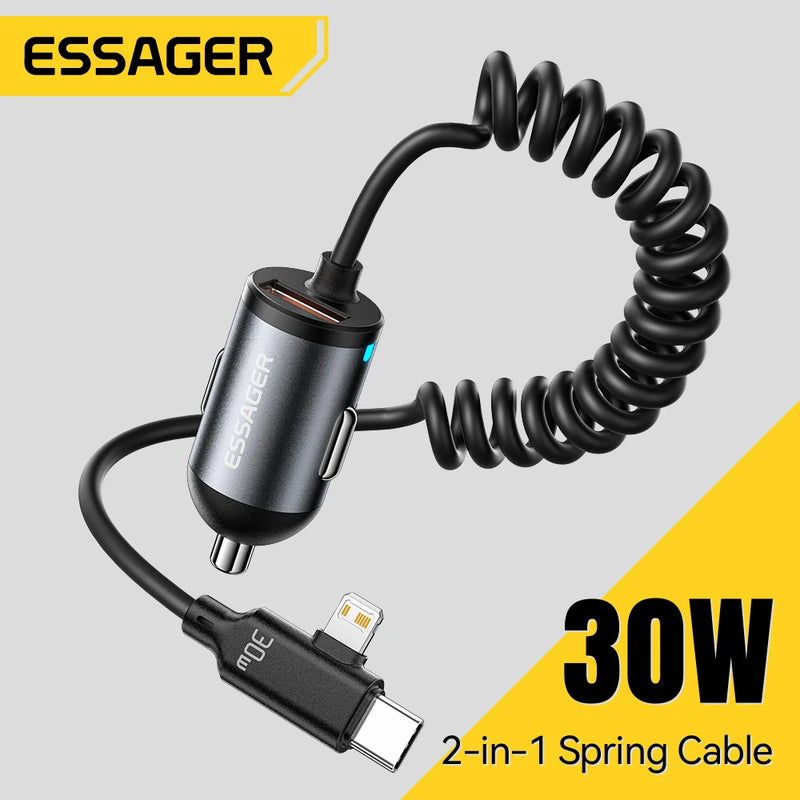 ឆ្នាំងសាករថយន្ត Essager 30W 2 ក្នុង 1 Spring Cable រន្ធ USB-A និង USB-C/Lighting សាកលឿនសម្រាប់ iPhone 17 16 15 14 13 12 Samsung