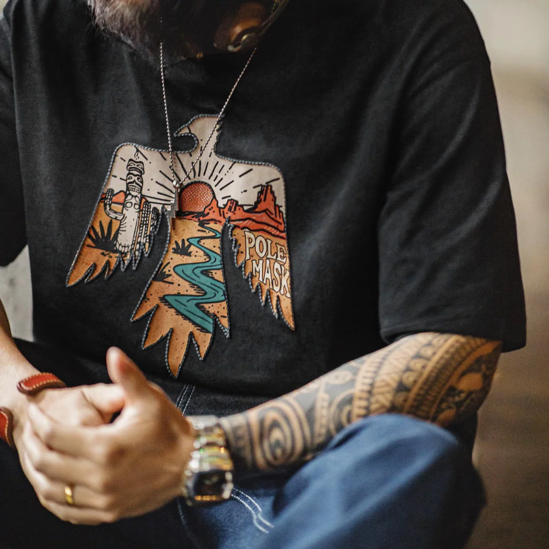 អាវយឺត Maden Vintage Style Thunderbird Print T-Shirt Men Summer Short Sleeve Pattern Heavy Stripe Navajo Crew Neck Tops Street Tops