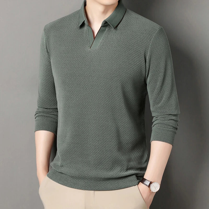 Solid color daily V-neck sweater men's business casual POLO shirt, stretchable, warm autumn new pullover knitwear.