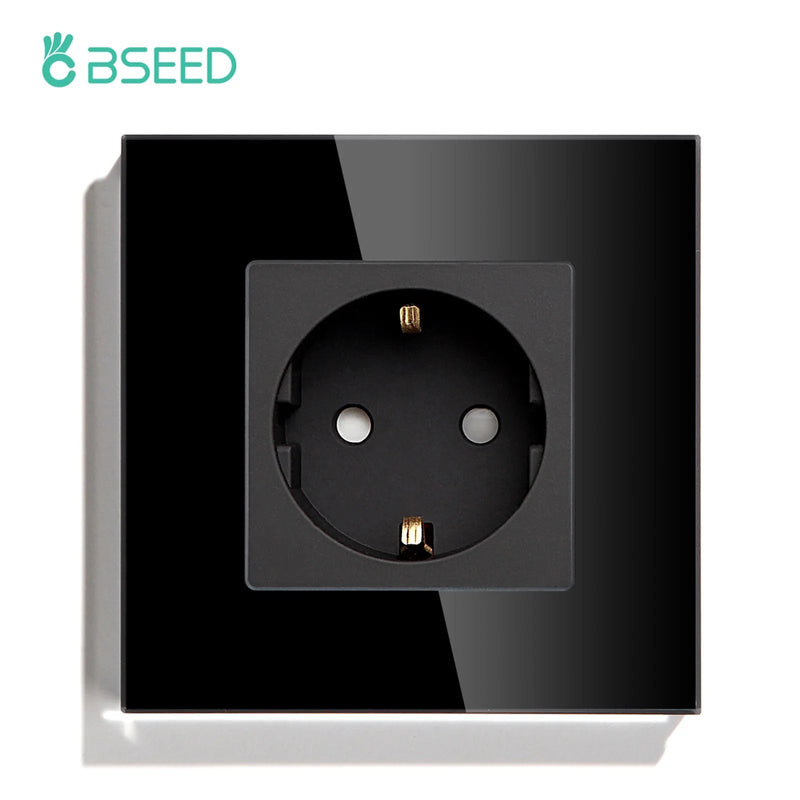 BSEED EU Standard Wall Sockets Single Powerful Outlets Black Double Frame Sockets Glass Panel Triple Sockets Kids Protection 16A