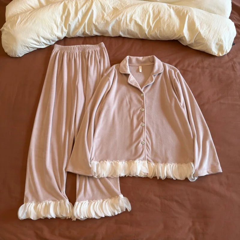 Double-sided Velvet Women Pajama Spring Autumn Winter Warm Long-sleeved Lace Soft Chest Pad Sleepwear Set Women's Home Clothes