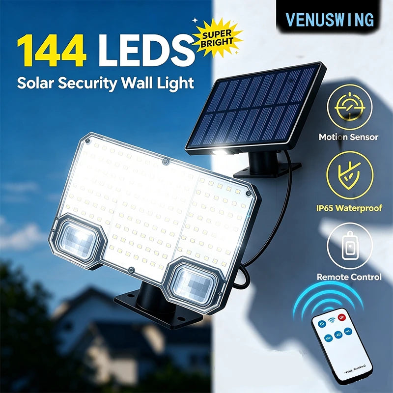 ចង្កៀងជញ្ជាំងសូឡា 144LED ឧបករណ៍ចាប់សញ្ញាចលនា 3 របៀបភ្លើងបំភ្លឺ ចង្កៀងរចនាបំបែកពីចម្ងាយសម្រាប់ភ្លើងបំភ្លឺខាងក្រៅទីធ្លា