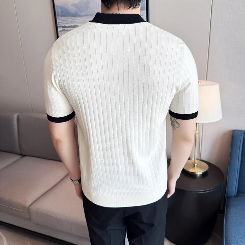 Men's Stretch Ice Silk Knit Polo Shirt with Half Zip and Contrast Color Stand Collar Half-zip Color-block Stand Collar T Shirt