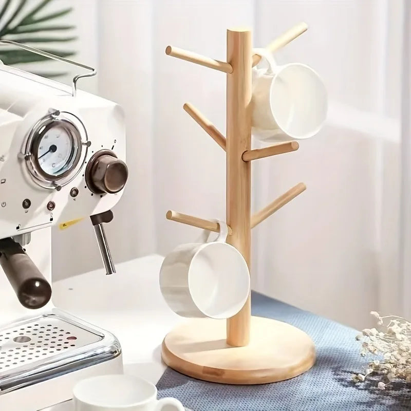 1pc legant Bamboo Cup Holder with Wooden Finish,Space-Saving Kitchen Organizer,with Multiple Hooks, Ideal for Home or Office.