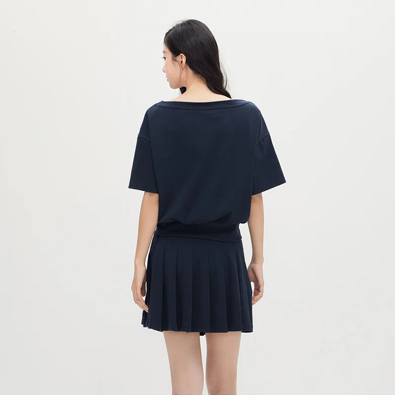 Semir Women Set Short Length Pleated Skirt Oblique Shoulder Slit Top Embroidered Sexy 2026 Summer Casual Fashion Top
