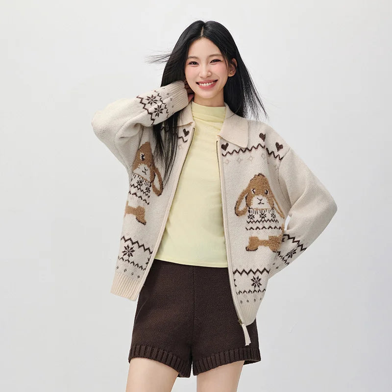 Semir Women Knit Cardigan Turn Down Collar Oversized Fit Geometric Jacquard 2026 New Winter Daily Wear Urban Casual Style