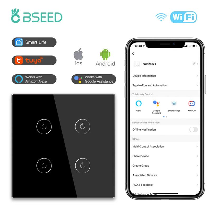 BSEED WIFI Wall Switches Smart Touch Screen LED Light Switches 1/2/3Gang 1/2/3Way Google Alexa App Power Switches Neutral Wire