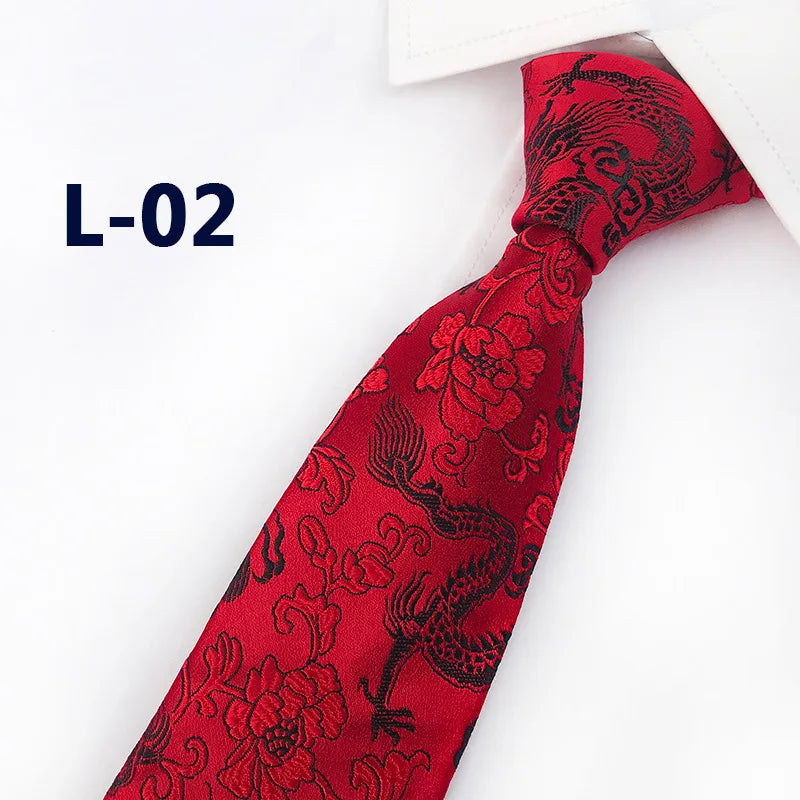 Men's Red Tie with A Chinese-style Design, Featuring A Jacquard Pattern of A Chinese Dragon; Available in Multiple Colors.