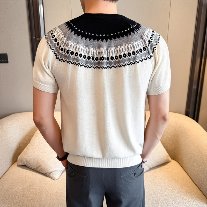 Men's Fair Isle Knitted Short Sleeve T-Shirt -Old Money Style Crewneck Summer Top Vintage Geometric Jacquard Casual Business Tee