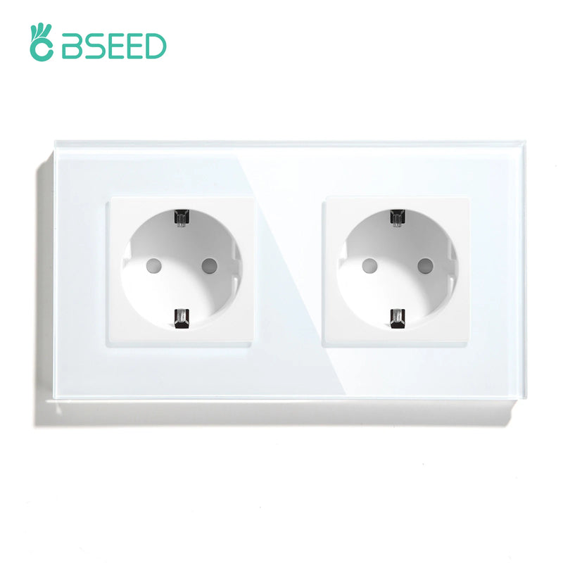 BSEED EU Wall Sockets Double Power Outlets White Black Double Frame USB Type-C Phone Charge Port Glass Panel Kids Protection 16A