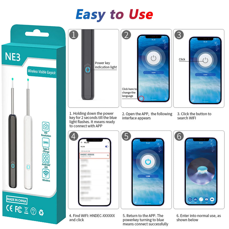 ឧបករណ៍សម្អាតត្រចៀក Smart Visual HD ដំបងត្រចៀក Otoscope USB C សាកថ្ម ឧបករណ៍ Endoscope ដកយកក្រមួនចេញ ឧបករណ៍ចាក់ត្រចៀក កាមេរ៉ាខ្នាតតូច ឈុតថែទាំសុខភាព