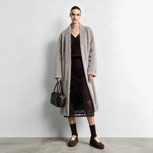 Amii Long Women's Coat 2026 Winter New Commuter V-neck Leather Belt Faux Fur Coat Elegant Warm Loose Outerwear Top 12654014