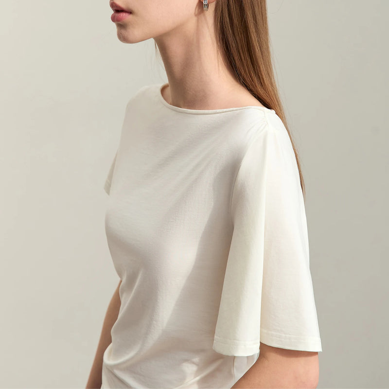 Amii Women's Tee 2026 Summer New Off Shoulder Elastic Shirred Stretch Cotton Tops Slim Asymmetric Short Sleeve T-Shirt 12622225