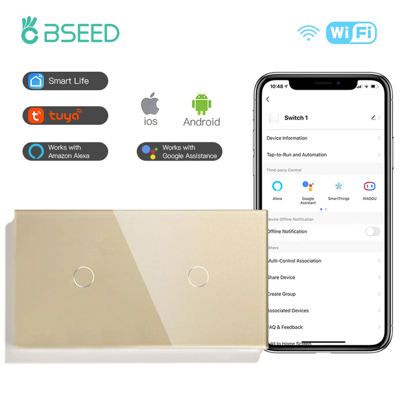 BSEED WIFI Touch Switch 1/2/3Gang 2Way Wifi Smart Switch Touch Sensor Wall Switch Tuya Google Alexa Smart Life Control