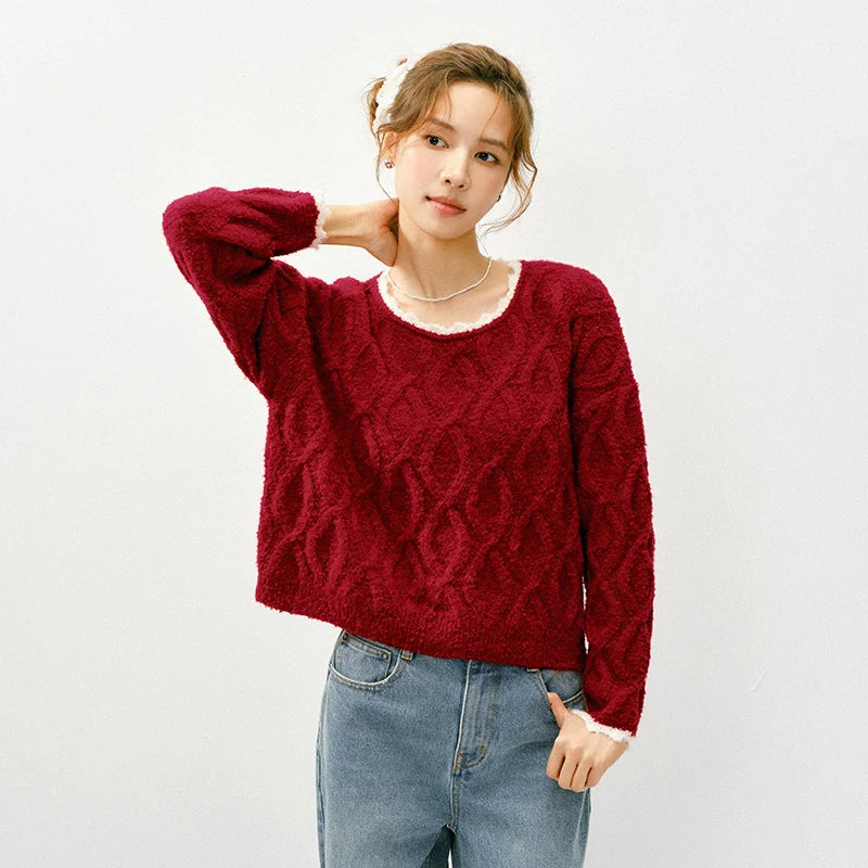 Semir Red Sweater Women 2026 Spring Short Cable Knit Ruffle Loose Slouchy New Year Style Casual Fashion Pullover Top