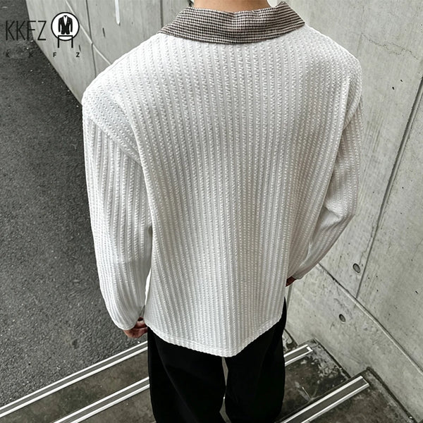 Male Long Sleeve V Neck Polo Top Vertical Texture Knit Spliced Plaid Collar Relax Fit Daily Street Garment